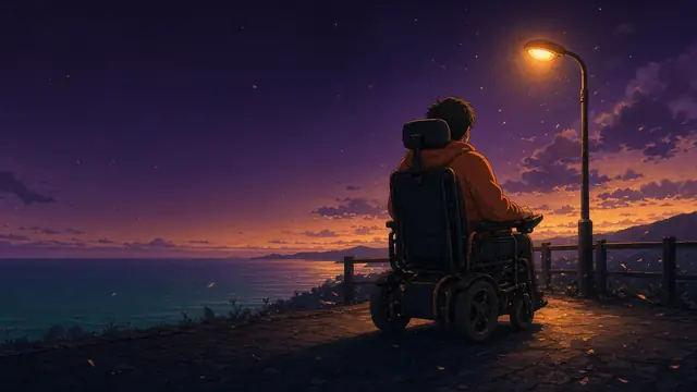 Anime illustration: a man in a power wheelchair, seen from behind, on a coastal path under a streetlamp at violet dusk, looking out over the water.