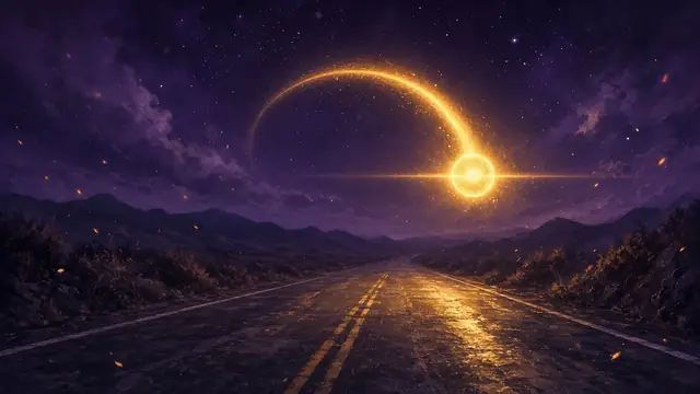 Anime illustration: light streaks forming a glowing question mark over an empty night road.