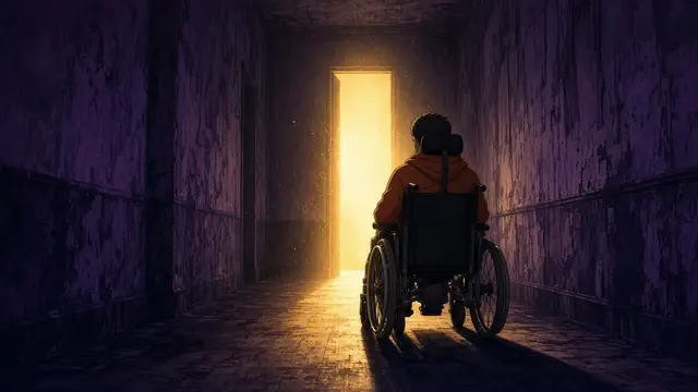 Anime illustration: a man in a power wheelchair, seen from behind, stopped at a bright doorway far too narrow for his chair at the end of a dark hallway.