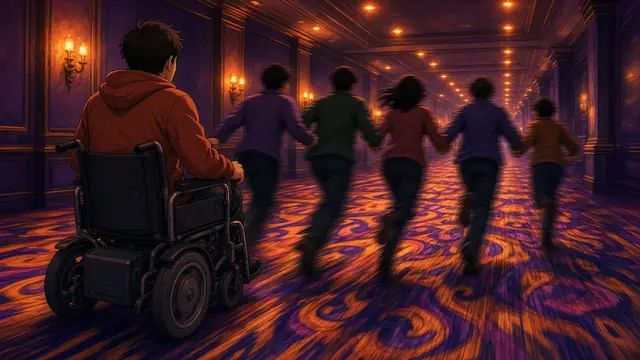 Anime illustration: a man in a power wheelchair, seen from behind, leading a laughing line of friends down a swirling casino-carpet hallway.