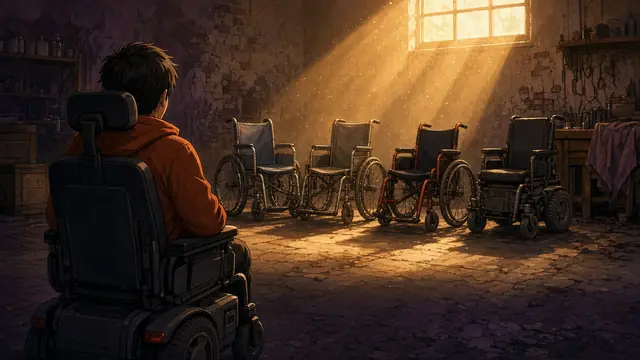 Anime illustration: a man in a power wheelchair, seen from behind, looking at a row of old wheelchairs in a dusty, sunlit garage.