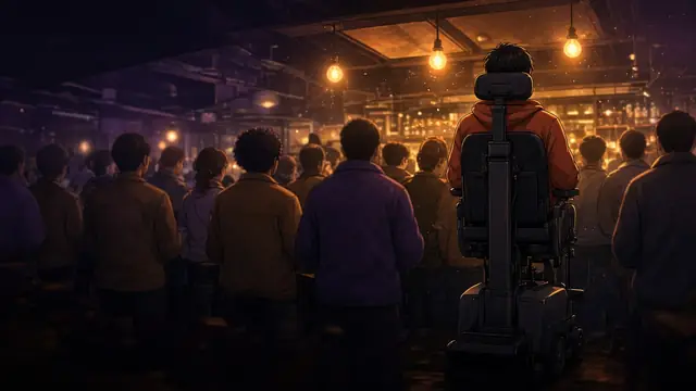 Anime illustration: a man in a power wheelchair, seen from behind, with his seat raised to eye level in a crowded, warmly lit bar.