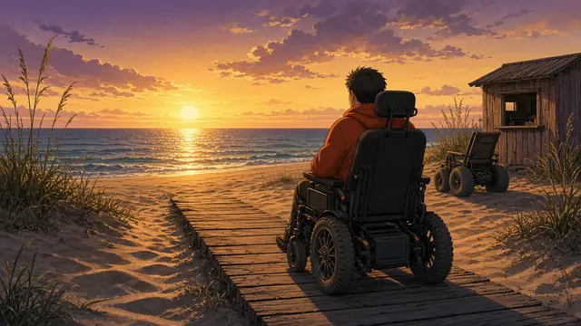 Anime illustration: a man in a power wheelchair on a boardwalk that ends in sand at golden hour, with a big-wheeled beach wheelchair waiting by a snack shack.