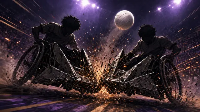Anime illustration: two quad rugby players in armored wheelchairs collide head-on in a burst of sparks under arena lights.