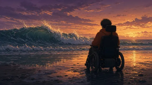 Anime illustration: a man in a power wheelchair, seen from behind, on a wet shoreline at dusk as a big wave catches the last light.