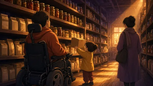 Anime illustration: a man in a power wheelchair, seen from behind, in a warmly lit grocery aisle of tall shelves and glass jars, as a small child hands him a box while her mother looks on.