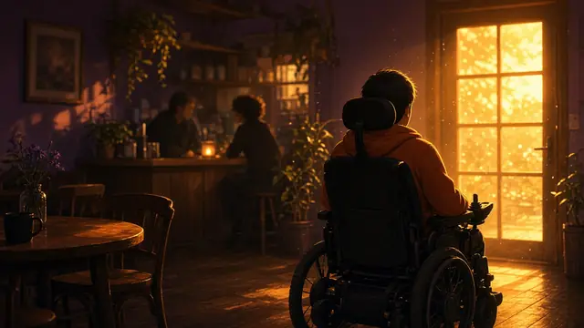 Anime illustration: a man in a power wheelchair rolls away in the foreground while, behind him, a stranger talks to his friend in a cozy café.